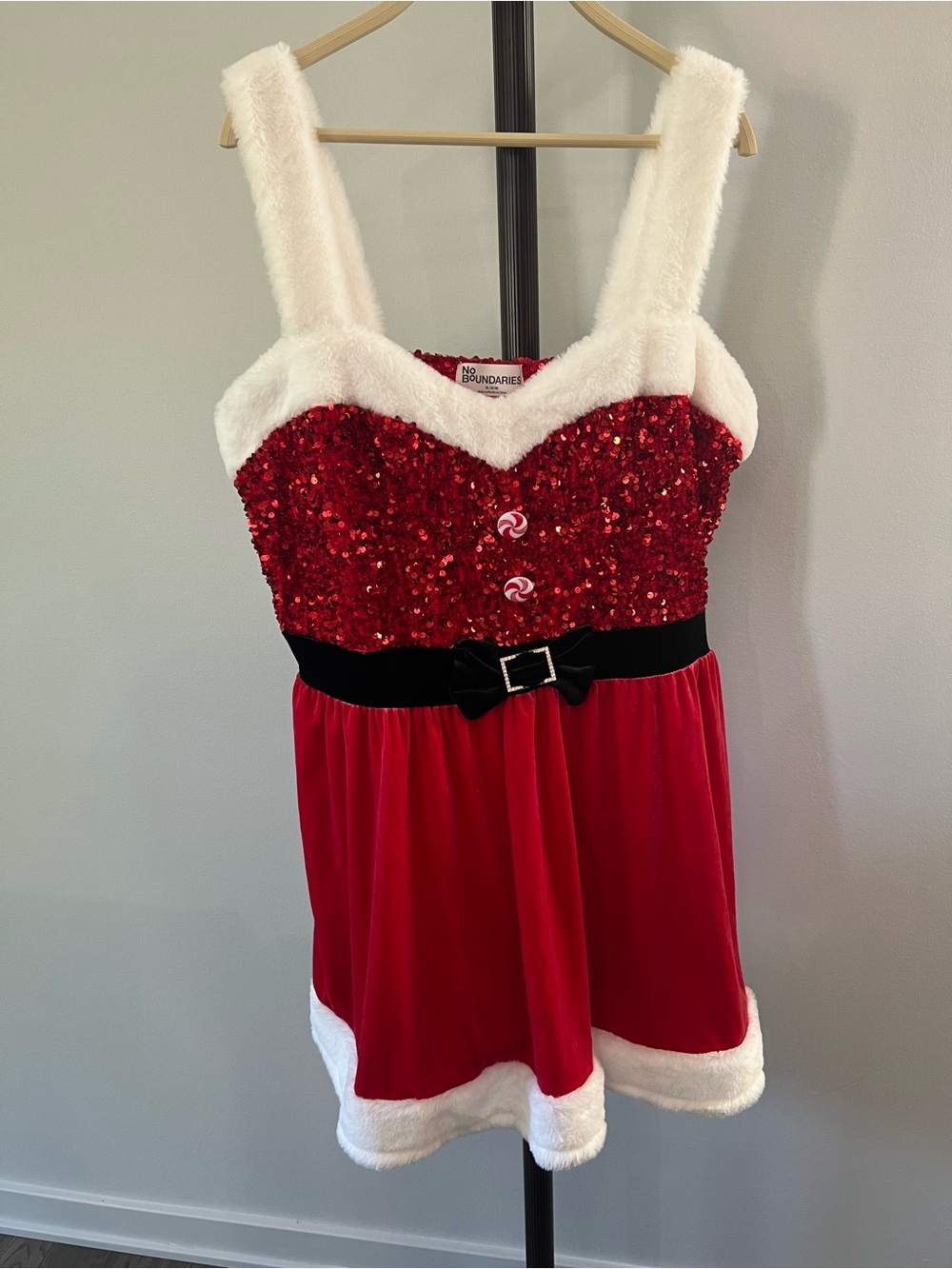 No Boundaries Red Sequin Holiday Slip Dress with White Faux Fur Trim